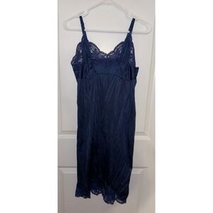 Vintage Wondermaid Nylon Full Slip Womens 36 Navy Lace Trim Nightgown Lingerie